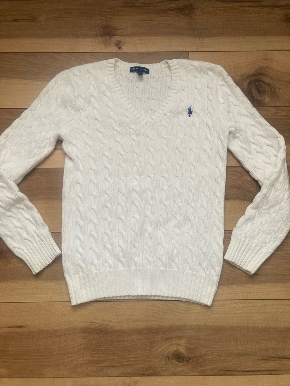 Ralph Lauren V-Neck Cable Knit White Cotton Sweater
